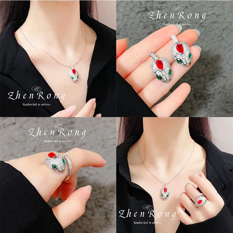 

Hight Quality Silver Color Red and Green Zircon Snake Rings Jewelry Sets Ladies Luxury Banquet Party Retro Animal Accessories