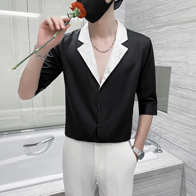 Корейская модная мужская рубашка с большим отворотом приталенная деловая