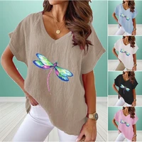 women fashion v neck top summer casual dragonfly print top short sleeve tee shirt ladies loose t shirt