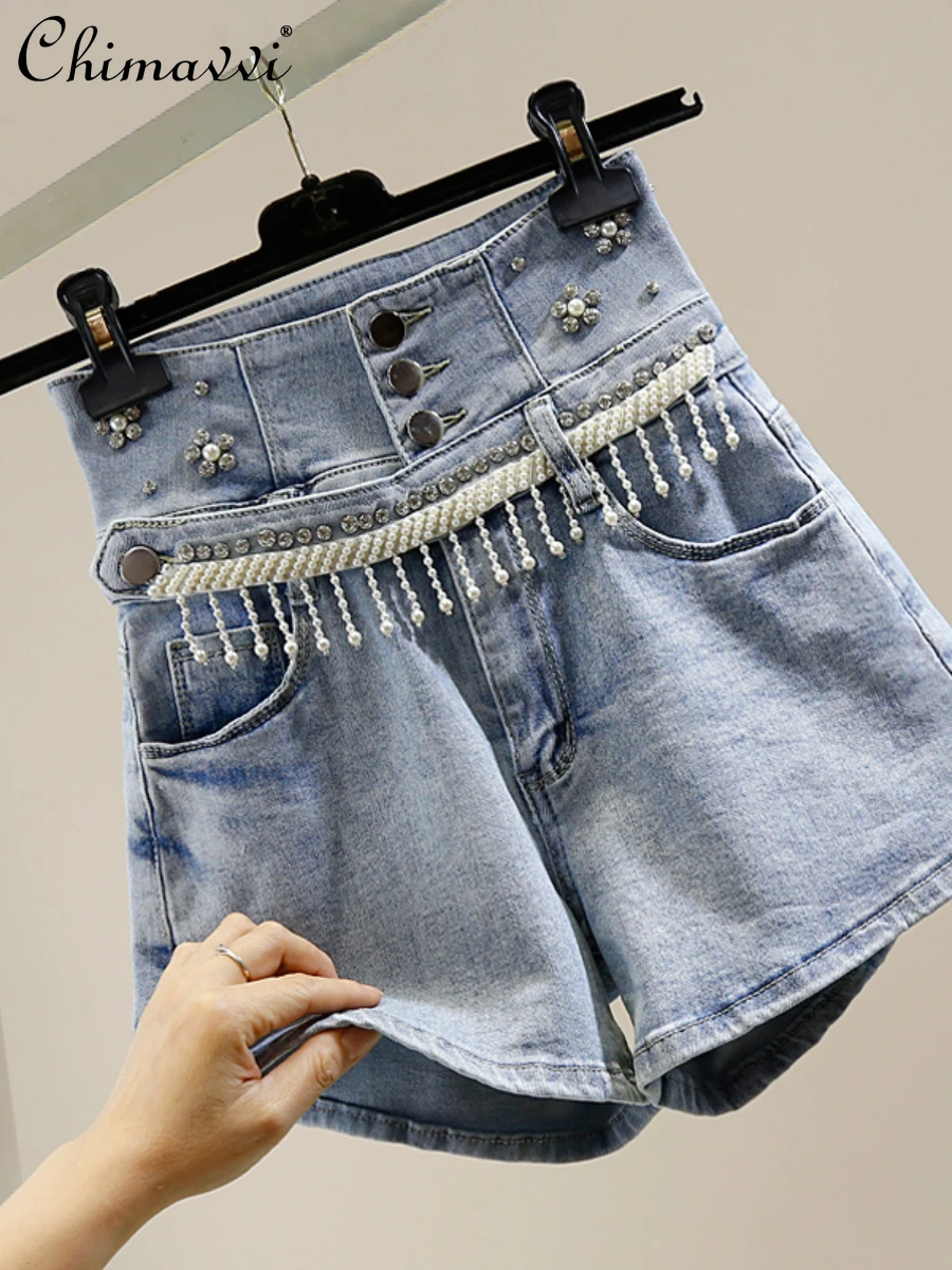 

Heavy Beads Diamond Fashion Design Beaded Tassel Decorative Jeans High Waist Wide Leg Stretch All-Matching Denim Shorts Women