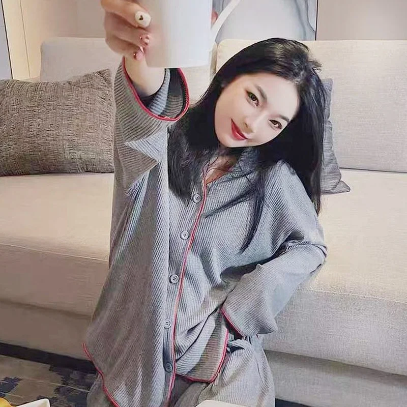 QWEEK Women's Pajamas Korean Set Outfit Solid Color Red Edge Banding Trouser Suits Spring Autumn Sleepwear Pyjamas Pijamas Cute