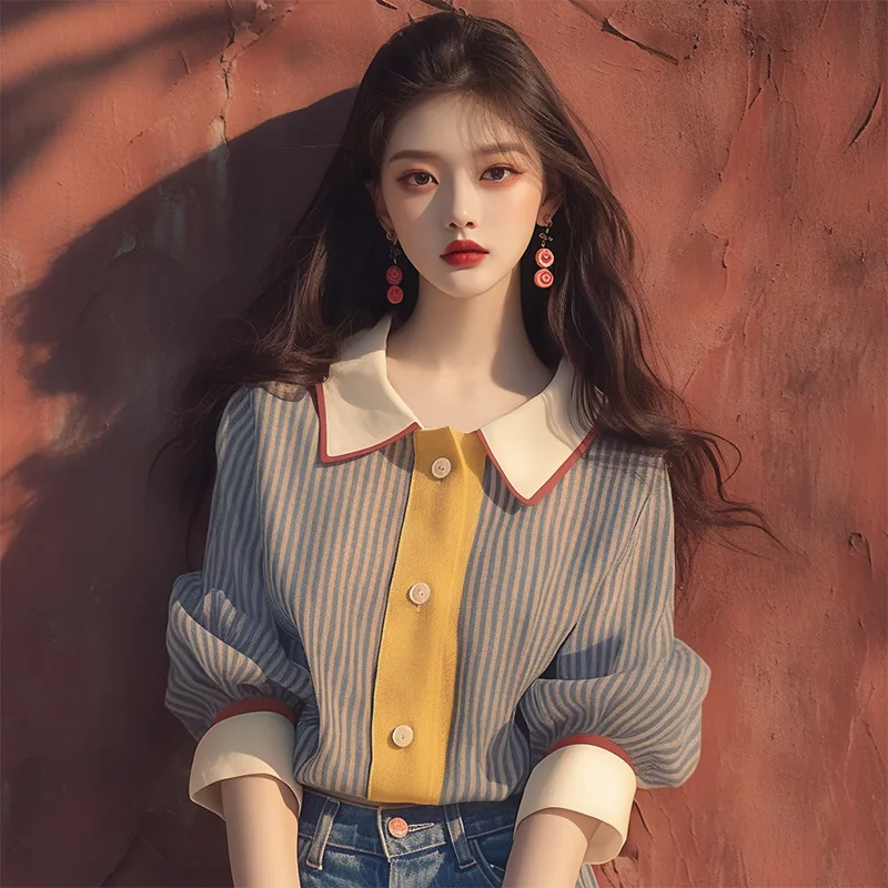 Новинка на раннюю осень Женская однобортная рубашка Boweylun в полоску с рукавом