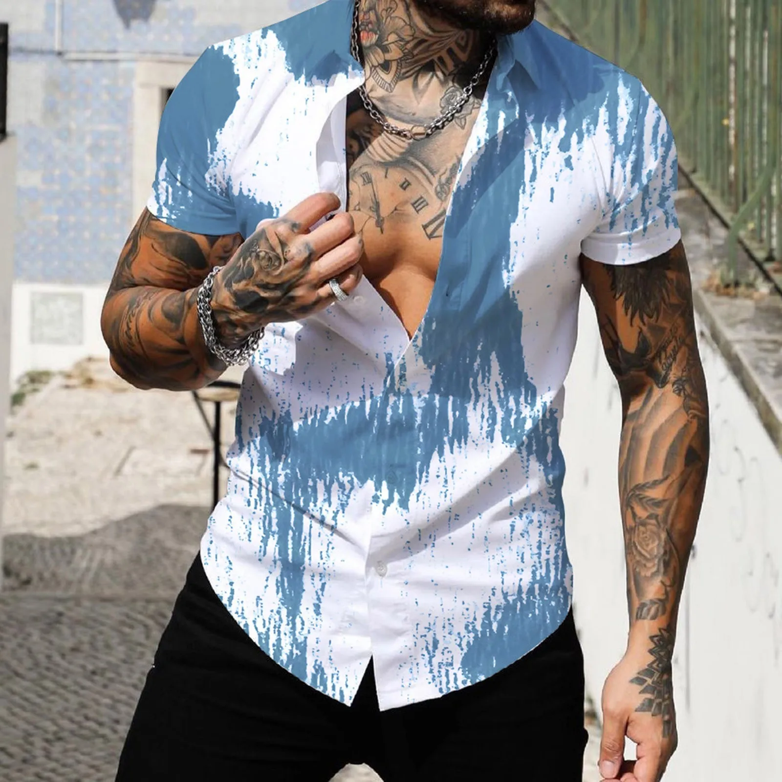 

Men Spring Summer Single Breasted Casual Lapel Full Print Beach Short Sleeve Vacation Outdoor Holiday Shirt Button down Collar