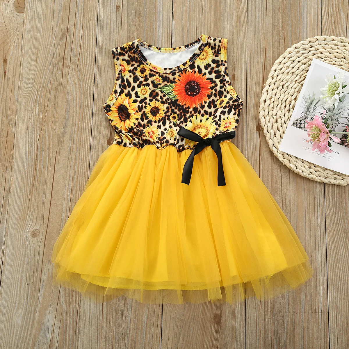 

Summer Infant Baby Girls Dress New Products Small and Medium-sized Girls' Bow Net Dress Leopard Stitched Princess Girl Dress