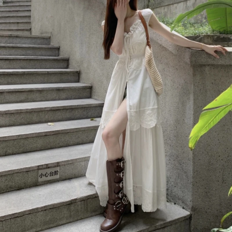 Летнее Длинное Платье с вышивкой и кружевом V-образным вырезом офисное женское