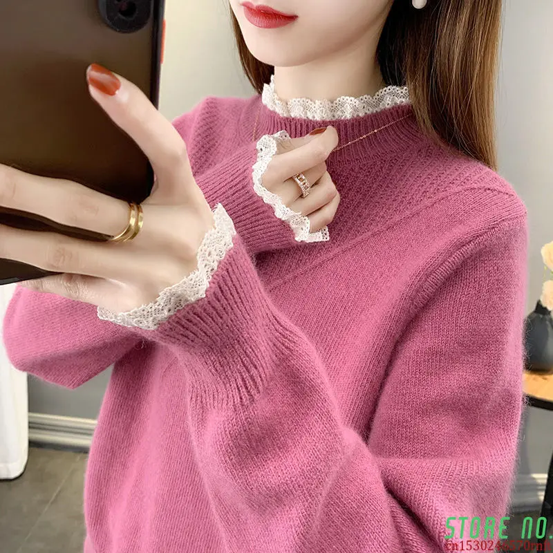 

Woman Sweaters Chandails 90- Outerwear Sweater Women Autumn and Winter Turtleneck Lace Patchwork Knitting Women Inner Wear
