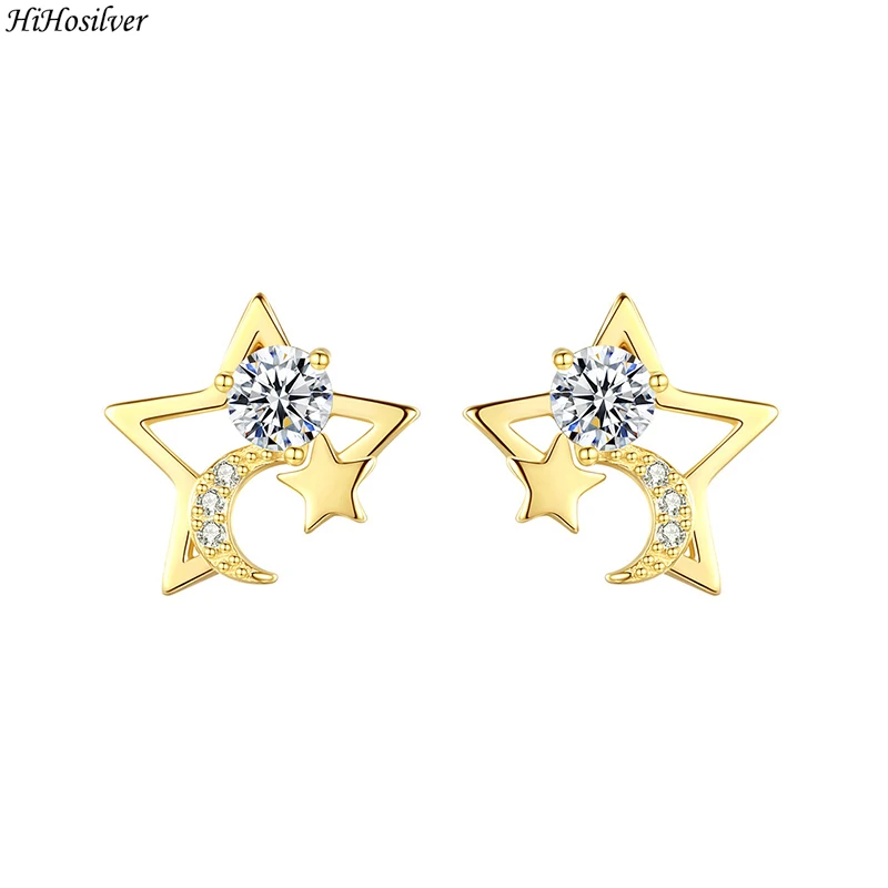 

HiHosilver 925 Silver Needle New Women's Fashion High-quality Crystals Zircon Moon Star Stud Earrings HS0194