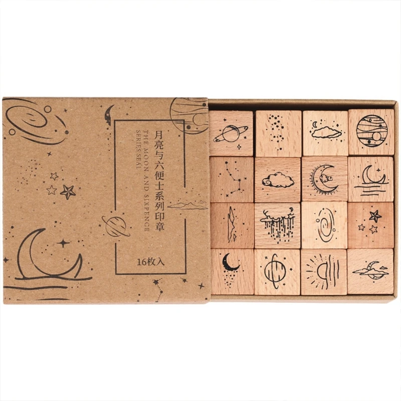 

16 Pcs/Set Vintage Planet Moon Cloud Decoration Stamp Wooden Rubber Stamps for Handbook Scrapbooking Stationery