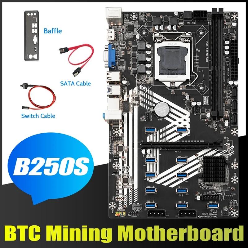 

B250S Mining Motherboard+Baffle+SATA Cable+Switch Cable LGA1151 11XUSB3.0+1XPCIE 16X Slot DDR4 ETH Miner Motherboard