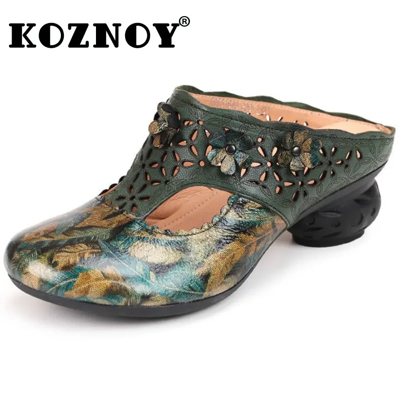 

Koznoy 6cm Ethnic Genuine Leather Summer Slippers Women Chunky Heels Outside Fashion Print Lady Appliques Flower Designer Shoes