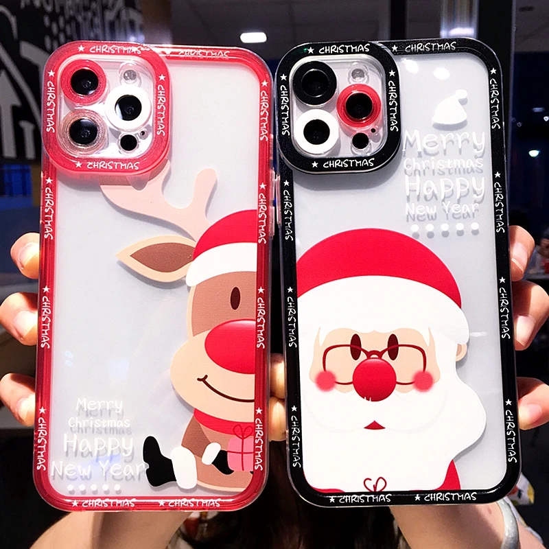

Cartoon Christmas Phone Case For iPhone 11 12 13 Pro Max XS X XR 7 8 Plus SE 2020 Transparent Bumper Back Cover