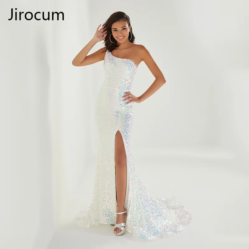 

Jirocum Sexy Mermaid Prom Dress One Shoulder Split Formal Women's Dinner Party Gowns Customized Sequin Backless Cocktail Dresses