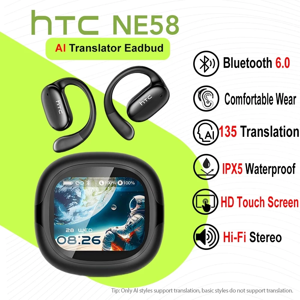 Фото Беспроводные наушники HTC NE58 с Bluetooth, LED-дисплеем, сенсорным управлением, AI-переводом, HiFi-звуком, HD-звонками и микрофоном, костная проводимость №1