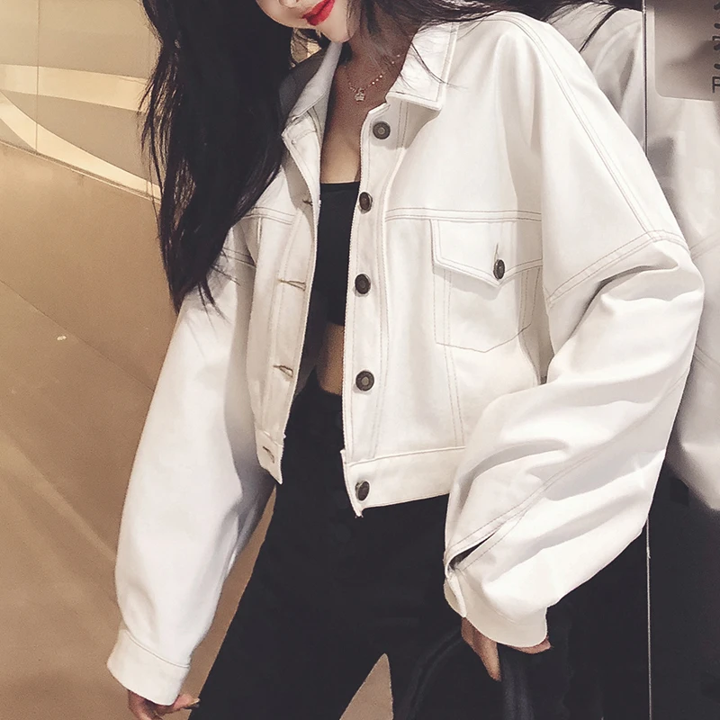 Casual Short Leather Jacket Women Short PU Loose Biker Jacket Female white Spring Outerwear Korean Streetwear Moto Coat Tops
