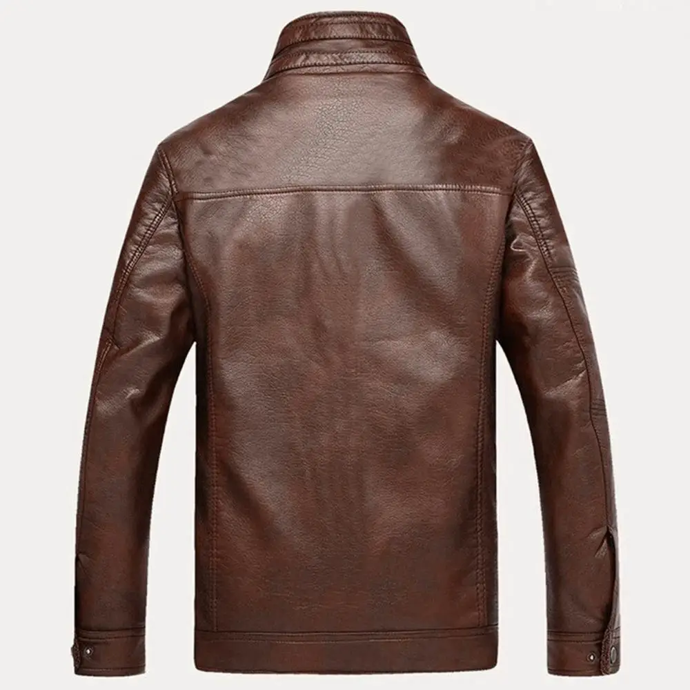 

Faux Leather Warm Stand Collar Jacket Fleece Men Long Sleeve Lined Zip Short Jacket