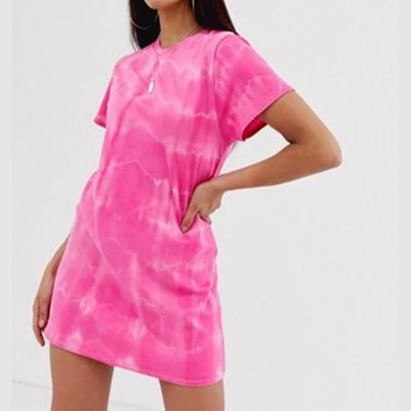 

2021 Summer New Women's Fashion Loose and Thin Section Mid-length Round Neck Casual Short-sleeved Tie-dye Printed T-shirt Women