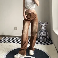 retro brown straight leg jeans womens autumn loose korean version of the thin casual gradient color wide leg mopping trousers