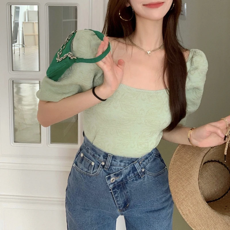 

Женские летние дизайнерские короткие футболки с квадратным вырезом, зеленая футболка с французским рукавом-пузырьком, Новые Популярные Топы с коротким рукавом, лето 2023