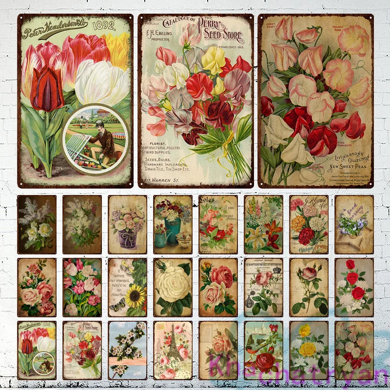 

Vintage Colorful Blooming Flower Landscape Metal Iron Tin Sign Painting Wall Art Pictures For Garden Living Room Home Decoration