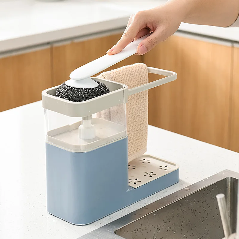 

Multifunction Soap Dispenser Manual Press Pump Cleaning Liquid Detergent Dispenser Sponge Towel Storage Kitchen Tool