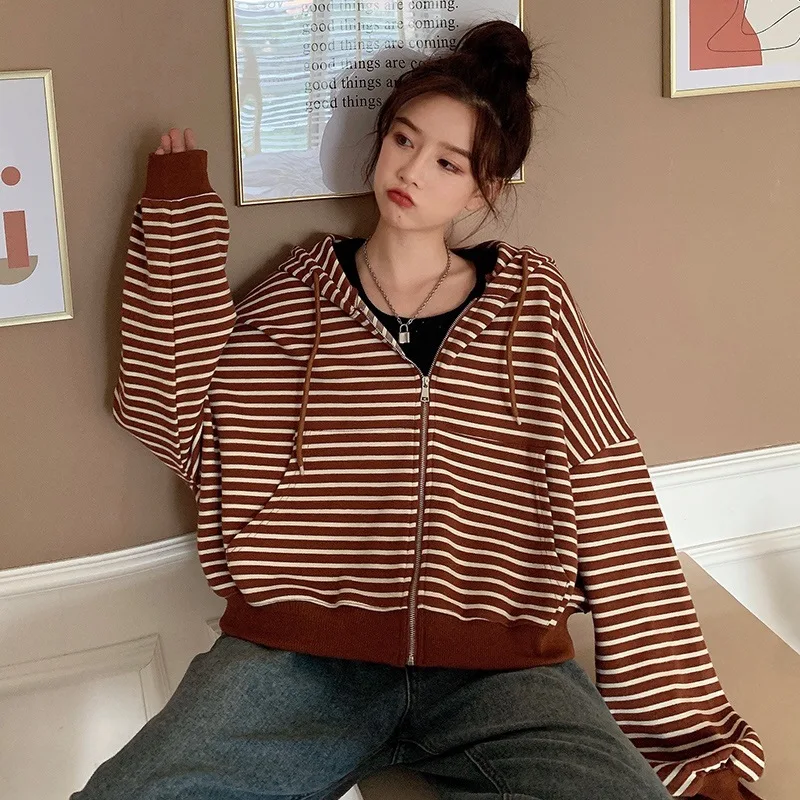 Women's Loose Versatile Striped Hoodie Zipper Cardigan Jacket 2022 Autumn Long Sleeve Drawstring Coat Ladies Street Wear Outside