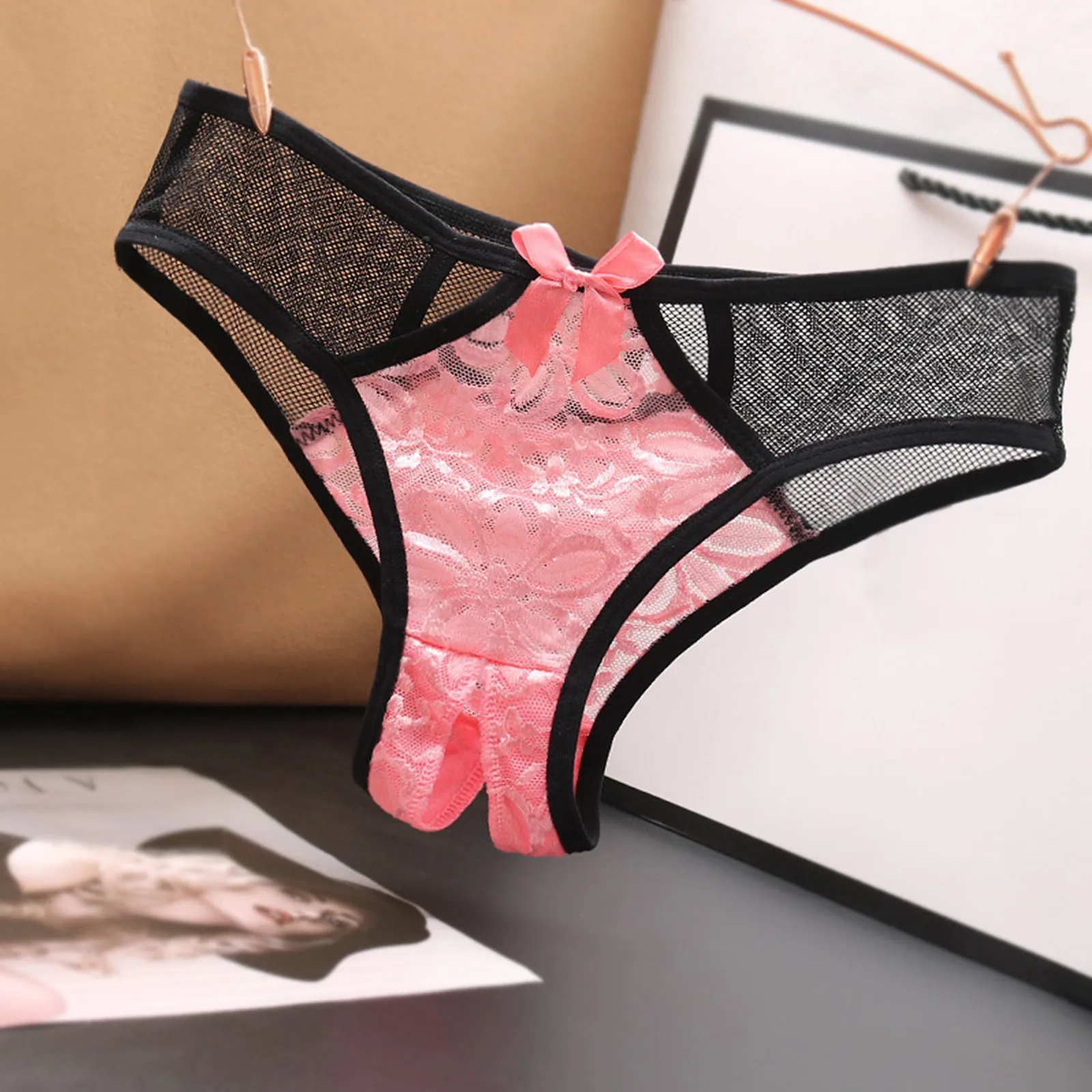 

New style lace traceless hollowed out girl heart high elastic bow crotch open thong underwear