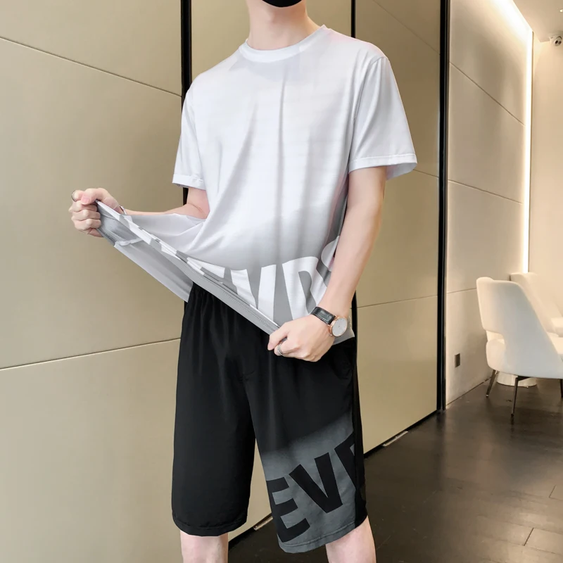 2023 Summer Men's Tracksuit 2 Piece Set Fashion Casual Short-Sleeved T-Shirt and Shorts Sport Suit Male Breathable Man Clothing