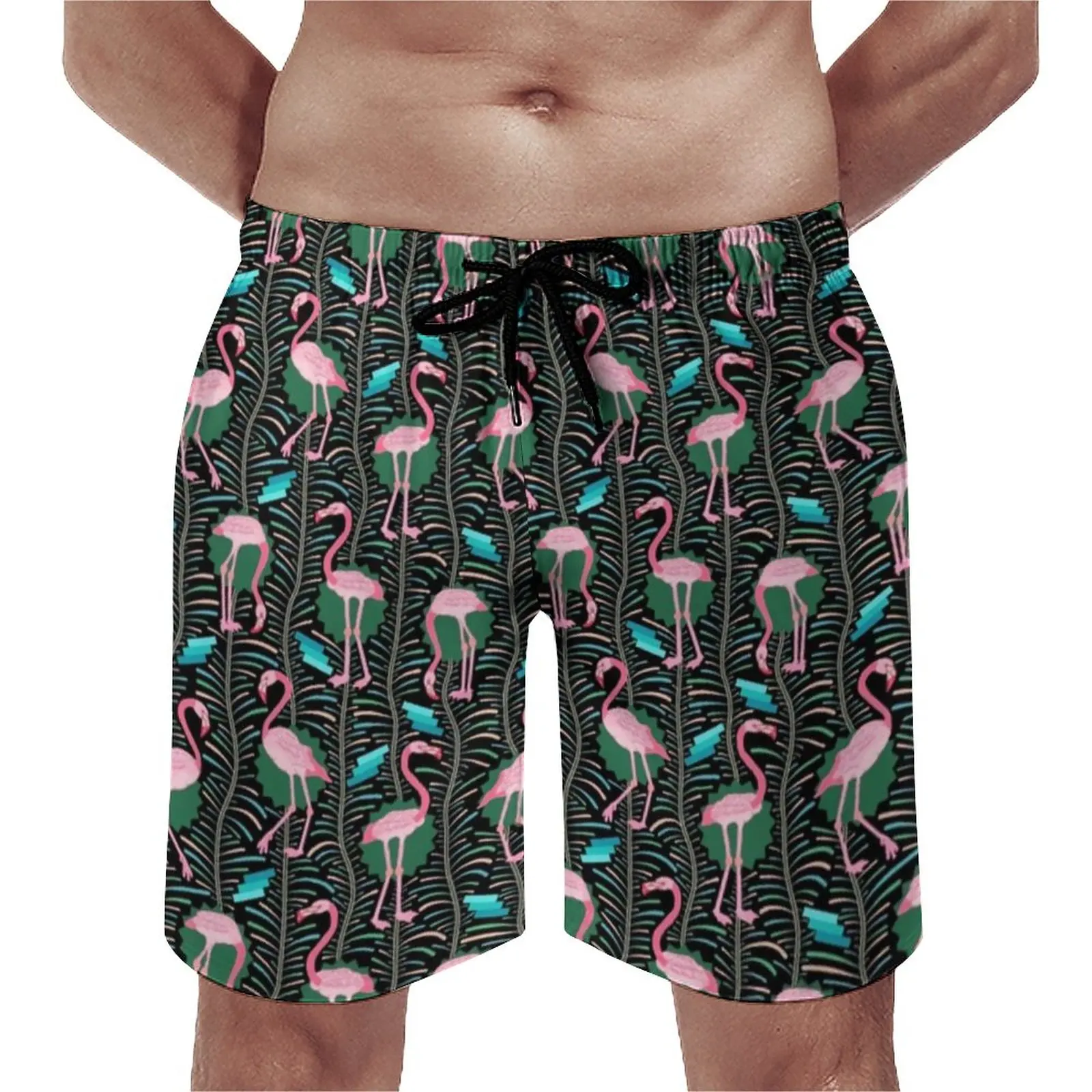

Summer Board Shorts Pink Flamingo Birds Surfing Geometric Art Graphic Board Short Pants Casual Quick Drying Swim Trunks Big Size