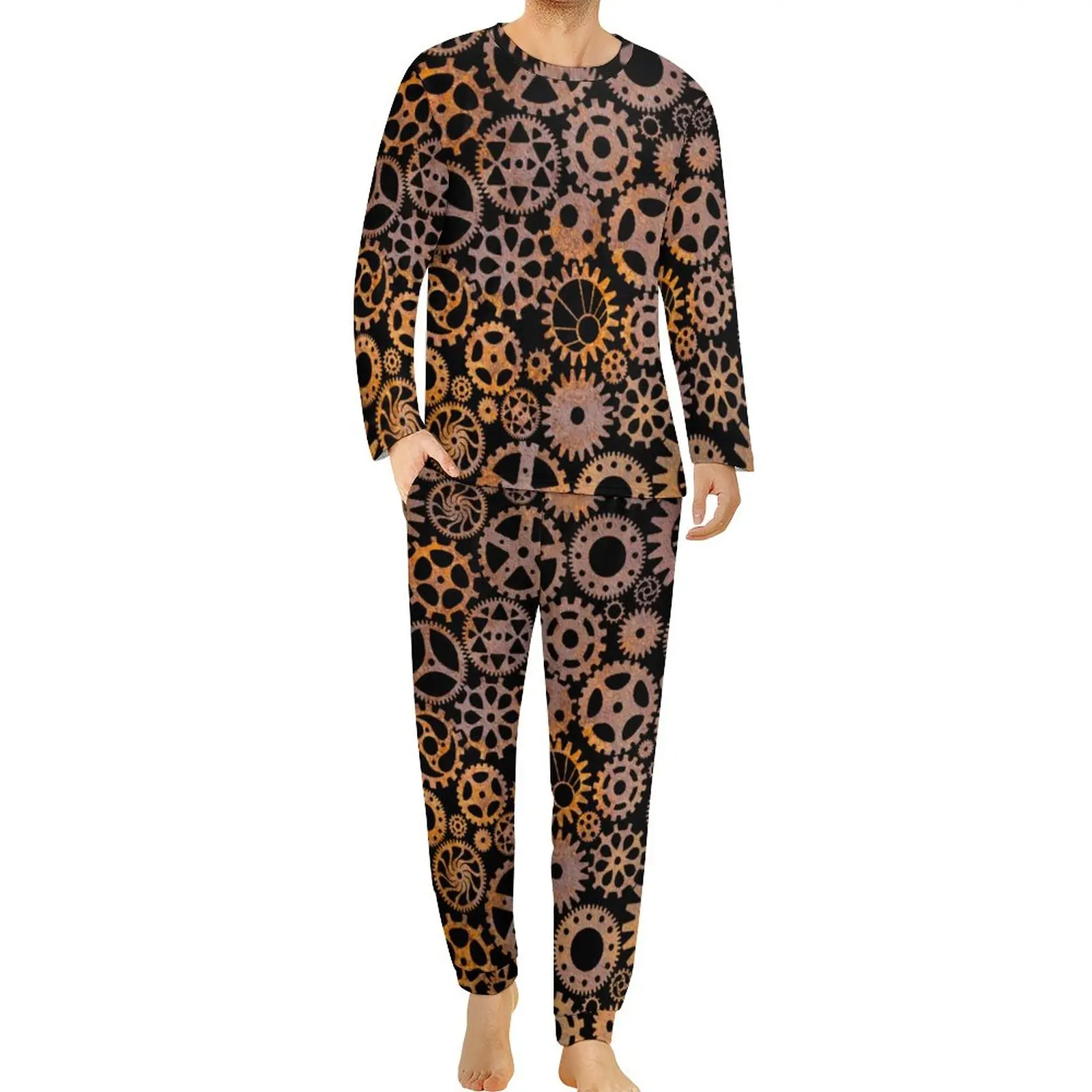 Steampunk Print Pajamas Rusty Gears Men Long Sleeves Soft Pajama Sets 2 Pieces Night Daily Custom Sleepwear Gift