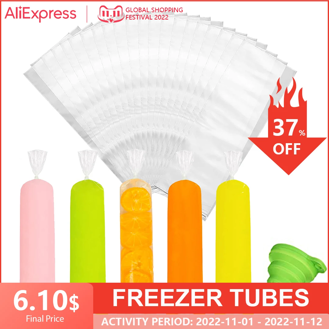 

100 Pcs Freezer Tubes Food-Grade PE Ice Bags Popsicle Bags For DIY Ice Popsicle Ice Cream Mold Bags A Silicone Funnel For Making