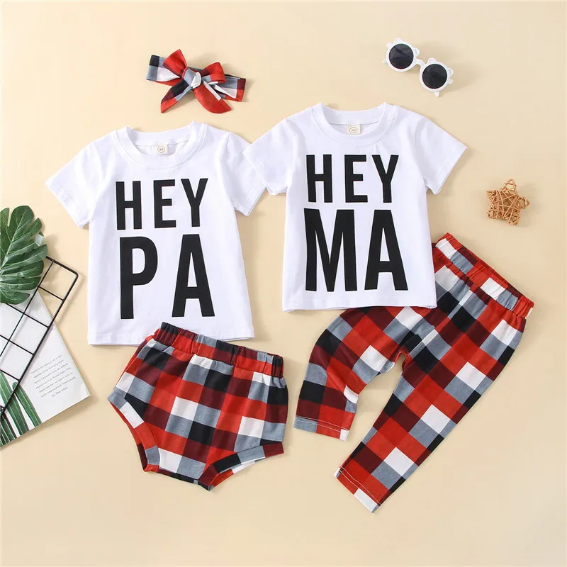 

Baby Summer Outfits, Short Sleeve Letters Print T-shirt with Plaid Shorts/Pants and Headband