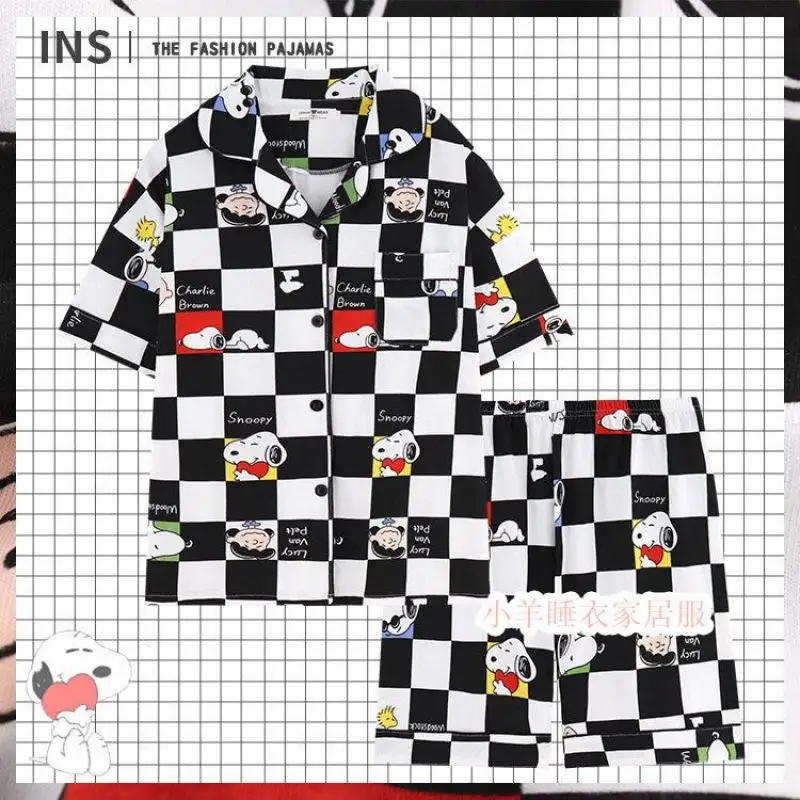 

New Kawaii Snoopy Summer Cotton Plaid Short Sleeve Pajamas Cute Cartoon Couple Two-Piece Loose Home Clothes for Holidays Gifts