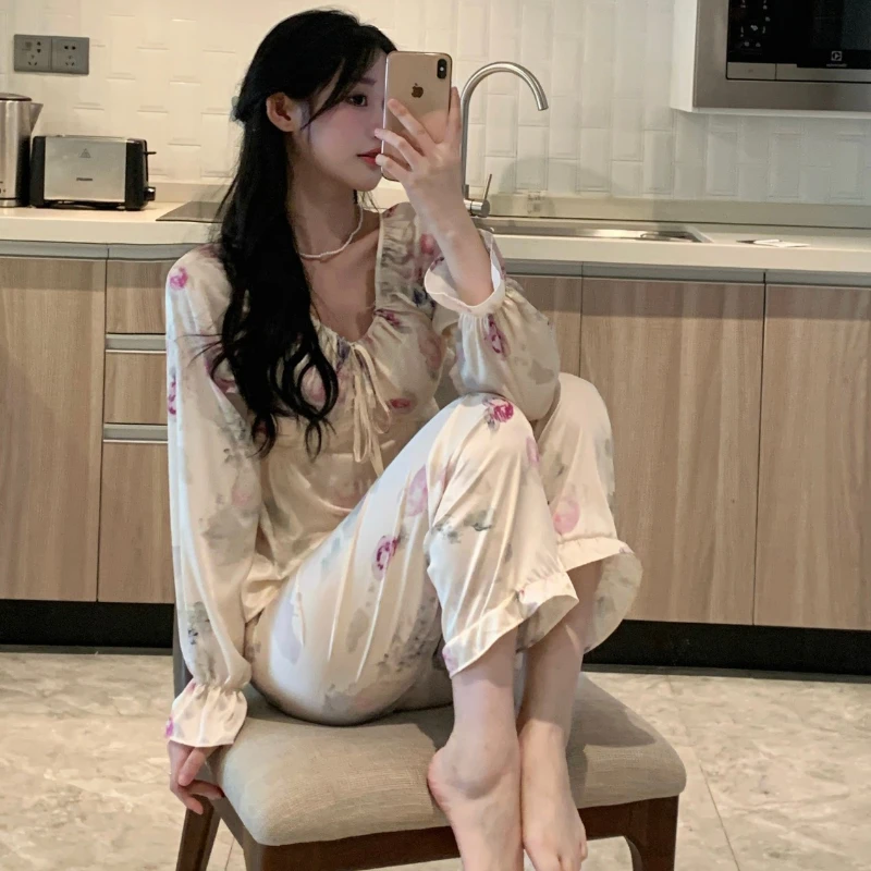 2023 Pajamas for Women Spring and Summer V-neck Long-sleeved Flower Fairy Sweet Lace Home Service Suit Casual and Soft Nightwear