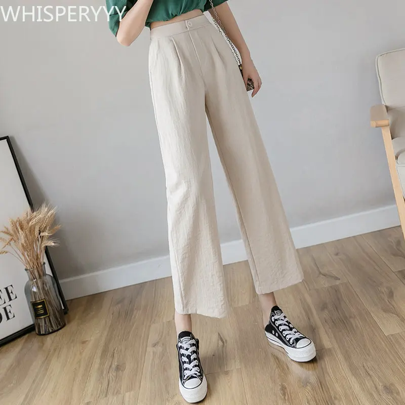 

2023 Cotton Hemp Wide Leg Pants Women's Summer Thin High Waist Straight Pants Loose Casual Nine Points Trousers Linen Solid Wild