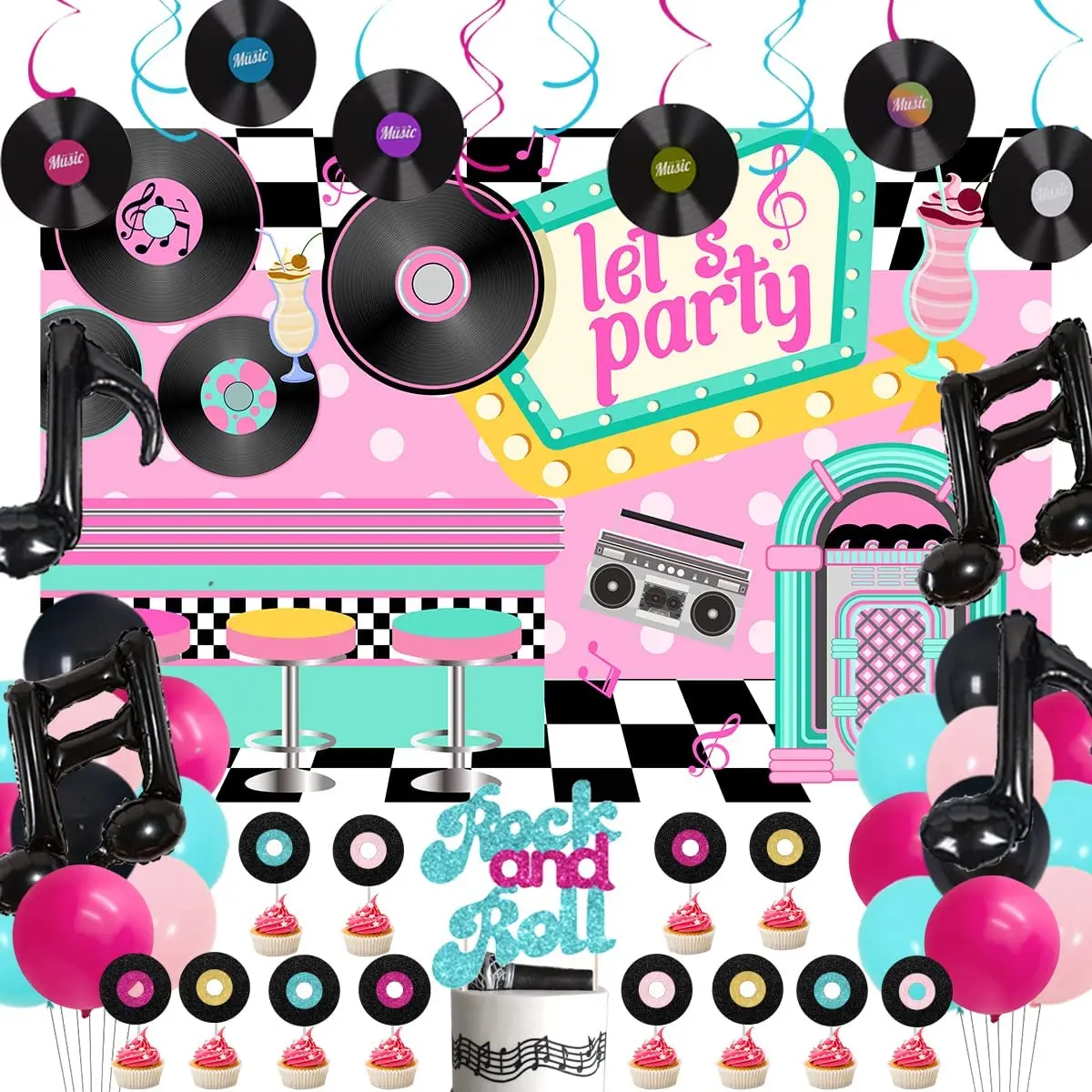 1950s Rock and Roll Party Decoration with Let’s Party Backdrop Record Hanging Swirl for Retro 50's 60's Music Party Supplies