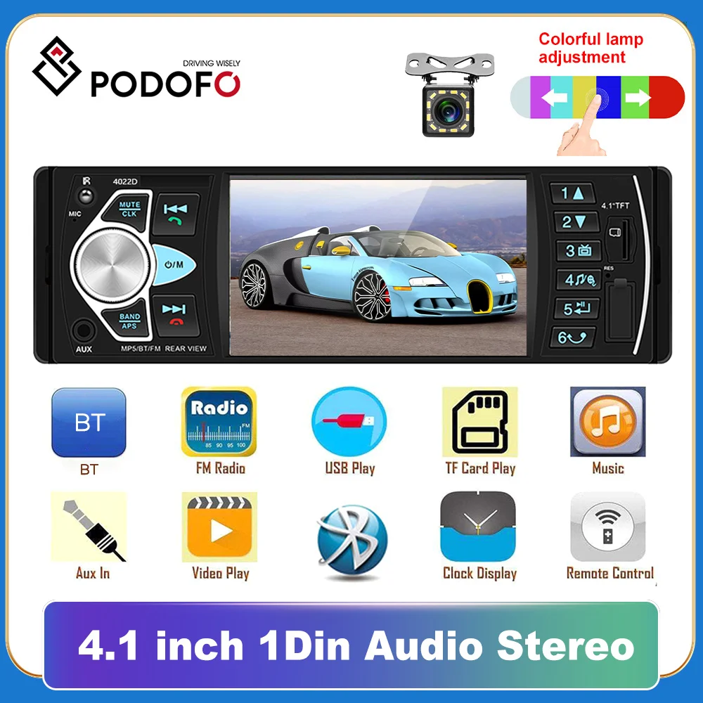 

Автомобильный Радио Podofo 1 din Автомобильный MP3 4,1 ''HD сенсорный экран плеер с Bluetooth fm-радио приемник Поддержка TF/USB камера заднего вида