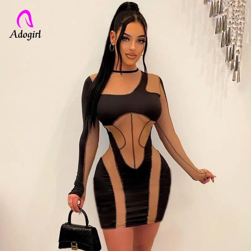 

Color Patchwork Women Mini Dress Long Sleeve Sheer Mesh Bodycon Dresses 2022 Autumn Sexy See Through Night Club Party Vestidos