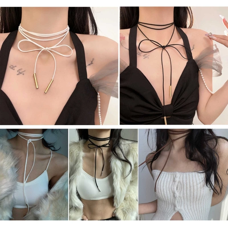 

517F 2pcs Simple Long Rope Necklace Knotted Bowknot Choker Adjustable Collar Necklaces Clavicle Chain Streetwear Jewelry