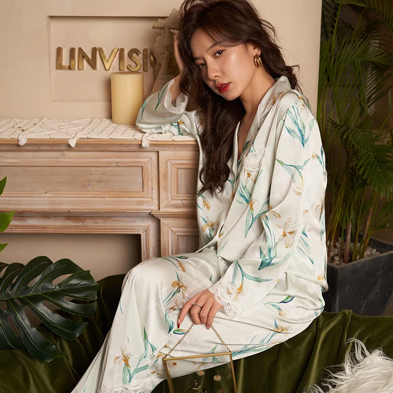 Ice Silk Pajamas Women's Spring Summer Long-Sleeve Suit Sexy Lace Artificial Silk plus Size Homewear