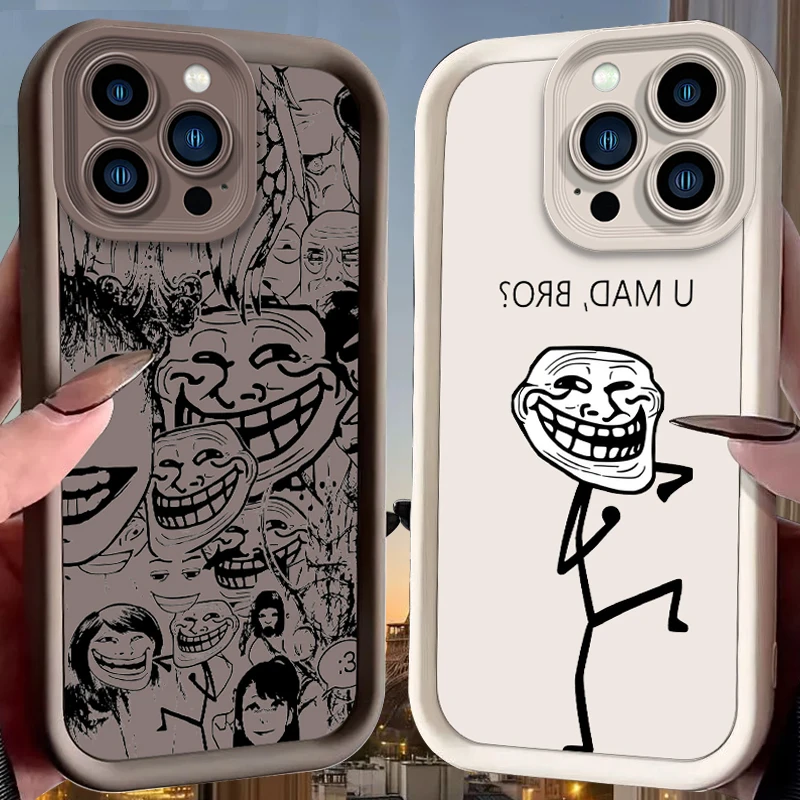 Фото Забавный чехол с принтом мема и мультяшным лицом Тролльфейса для iPhone 17 Air 16 E 15 14 Plus 13 12 Mini 11 Pro Max, из жидкого силикона. №1