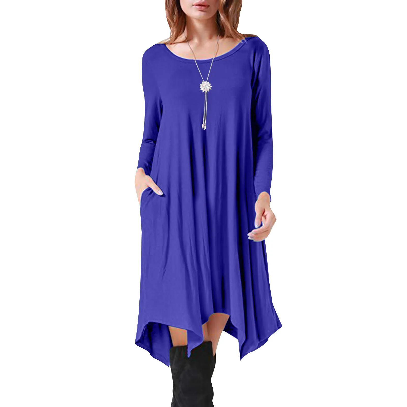 

Ladies Round Neck Long Sleeve Solid Color Dress Fashion Pocket Irregular Hem Dress Summer Knee Length Dresses for Women