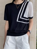 black white knitted tshirt thin ice silk tops patchwork short sleeve o neck loose t shirts female 2022 summer clothes for women