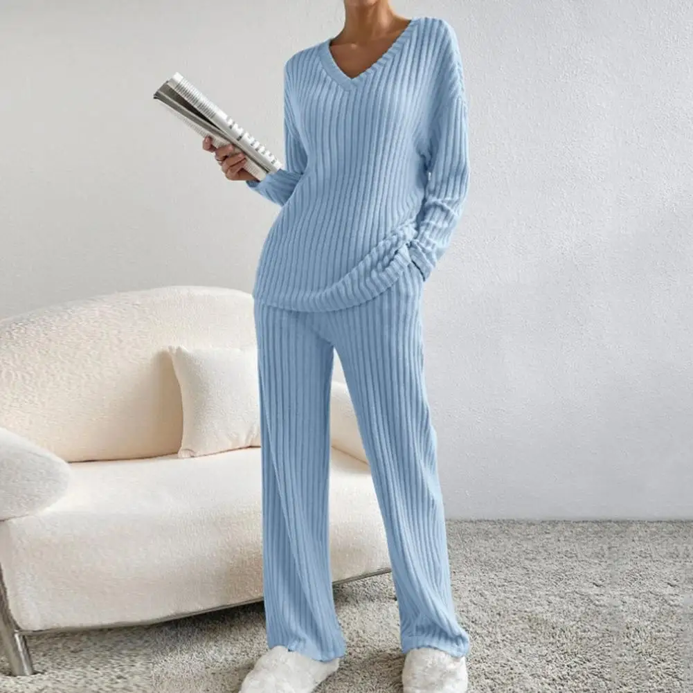 

Women Knitted Two Piece Set 2023 Fashion Autumn Winter Loose Trousers Suit Casual Long Sleeve Top with Wide Leg Pants Outfits