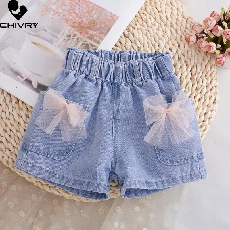 

New 2022 Kids Girls Summer Denim Shorts Baby Girls Cute Gauze Bowknot Laced Shorts Casual Jeans Short Pants with Pocket Clothing