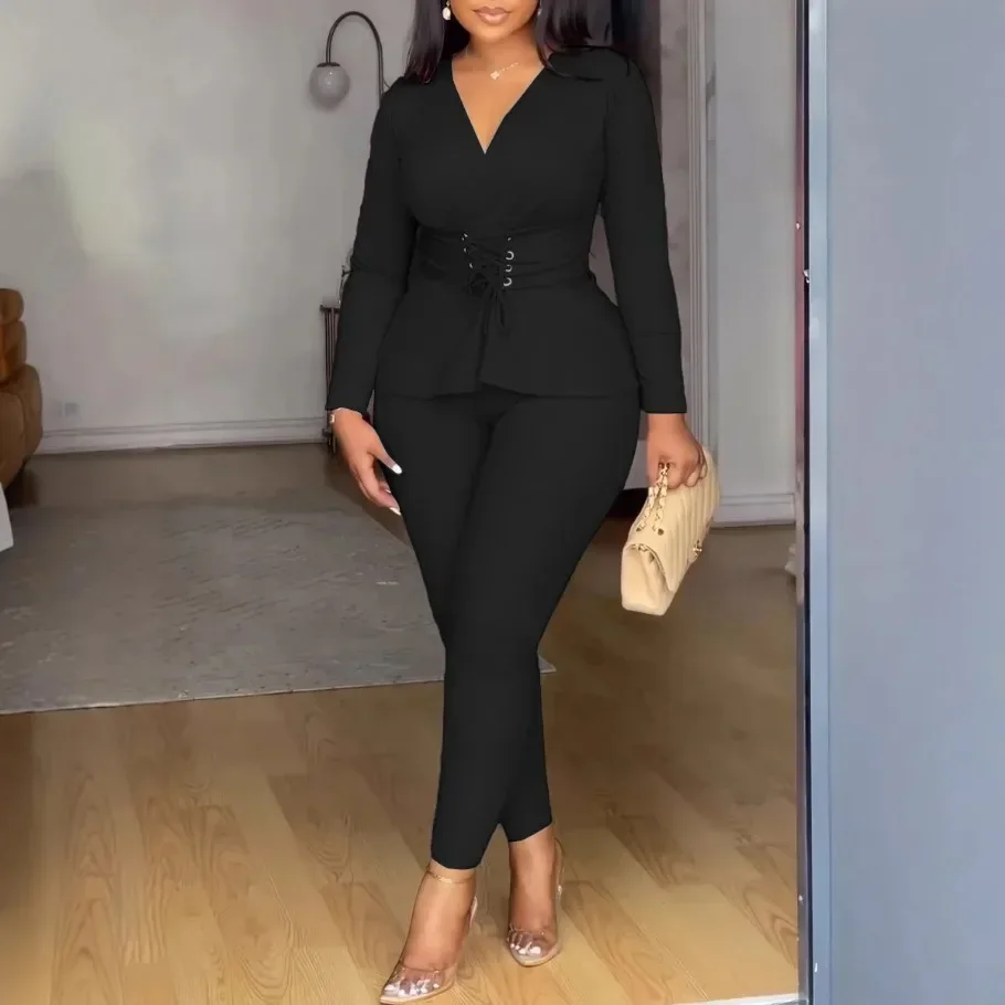 Осень-зима модный повседневный однотонный комплект из двух предметов