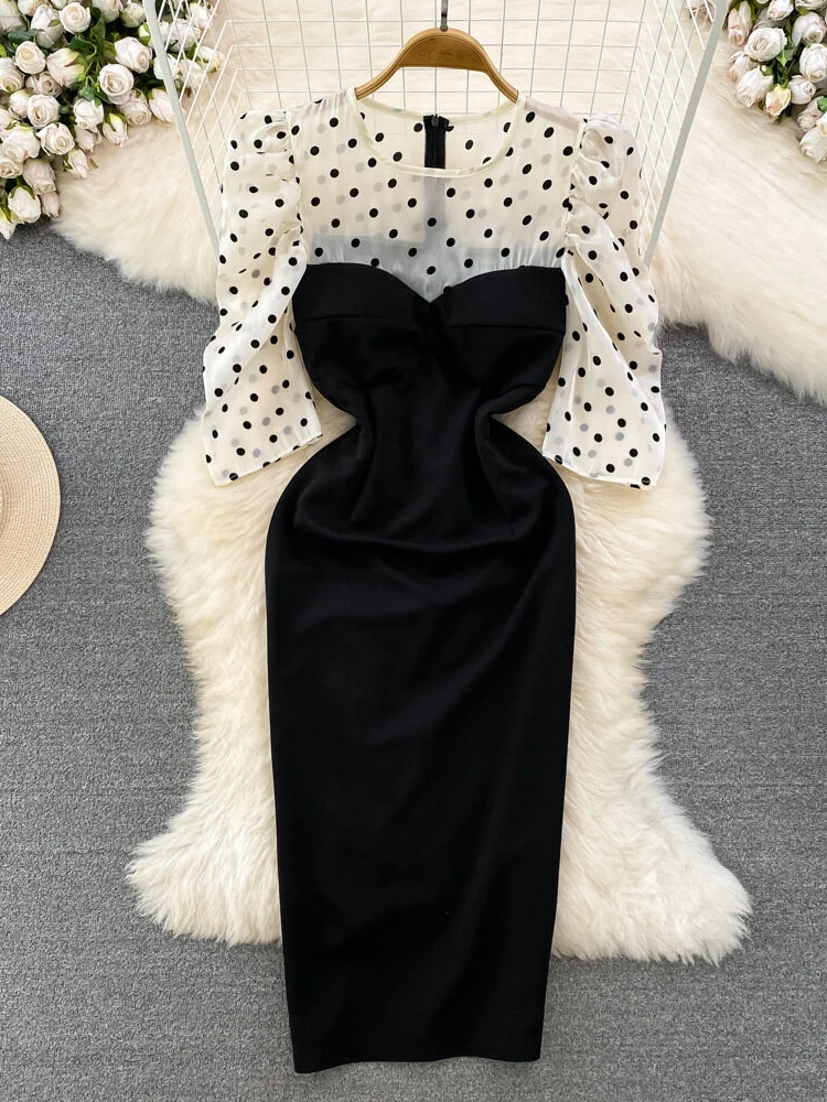 

Women Korean Chic Dress Bubble Sleeve Round Neck Patchwork Polka Dot Mesh Dresses Ladies Split Fashion Vintage Elegant Dress