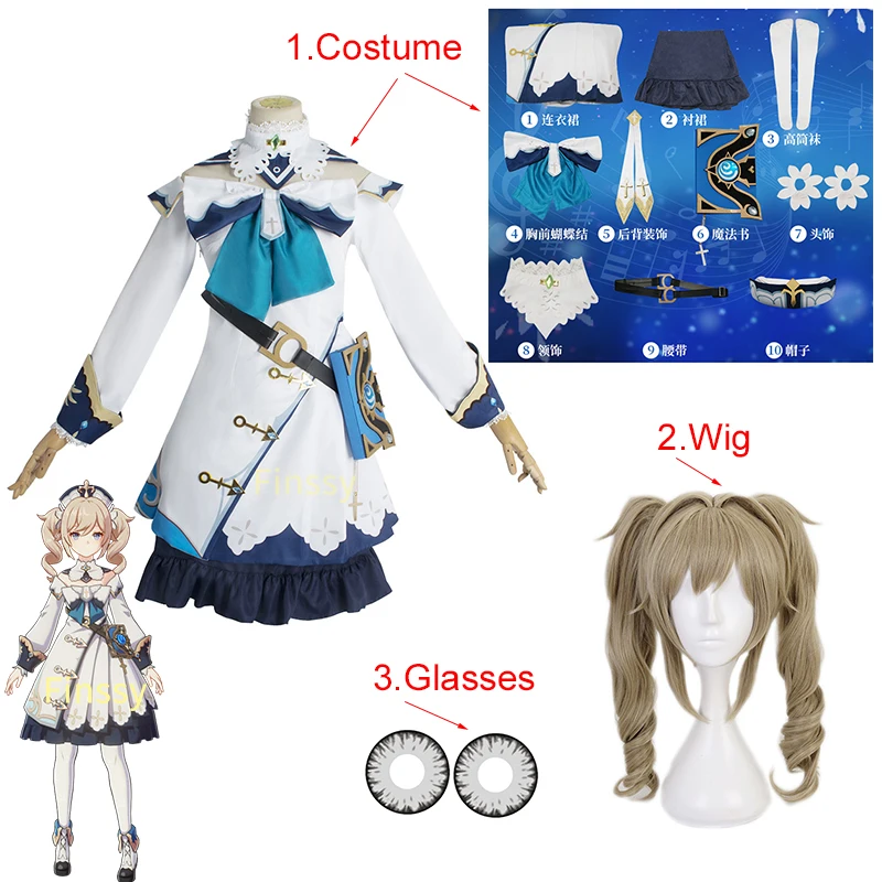 

Genshin Impact Barbara Gunnhildr Cosplay Costume Halloween Carnival Women's Dress Wig White Glasses