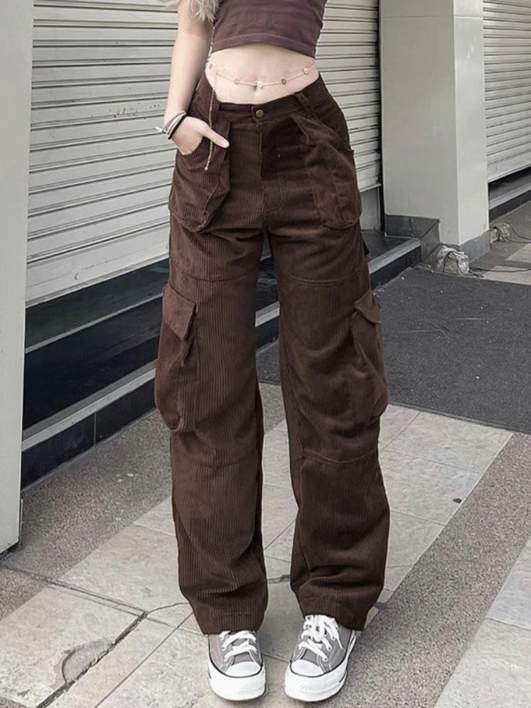 

WeiYao Brown Cargo Pants Pockets Corduroy High Waist Straight Leg Trousers Women Vintage 90s Streetwear Korean Fashion Joggers