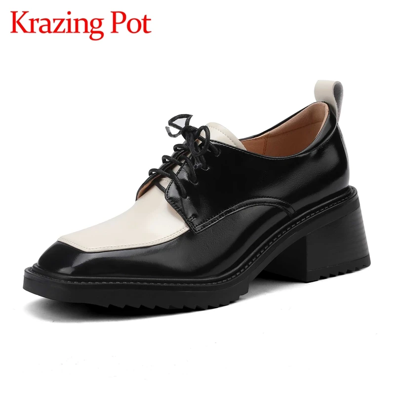 

Krazing pot limited customization genuine leather square toe high heels mixed colors England style cross-tied women pumps L9f3