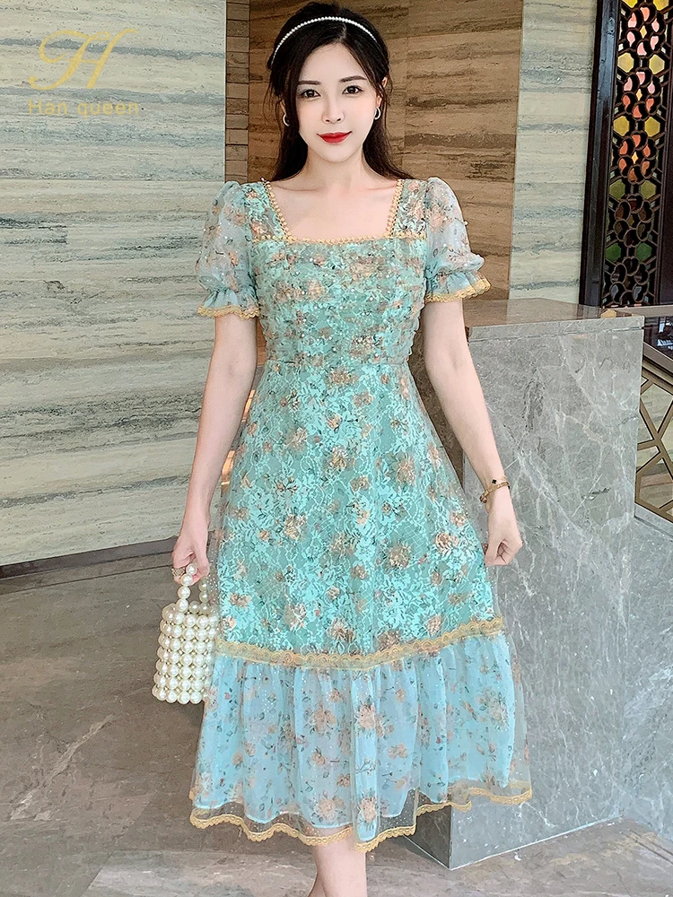 

H Han Queen french style square neck pearl diamond prom dresses 2022 summer elegant simple lace luxury party vintage dress